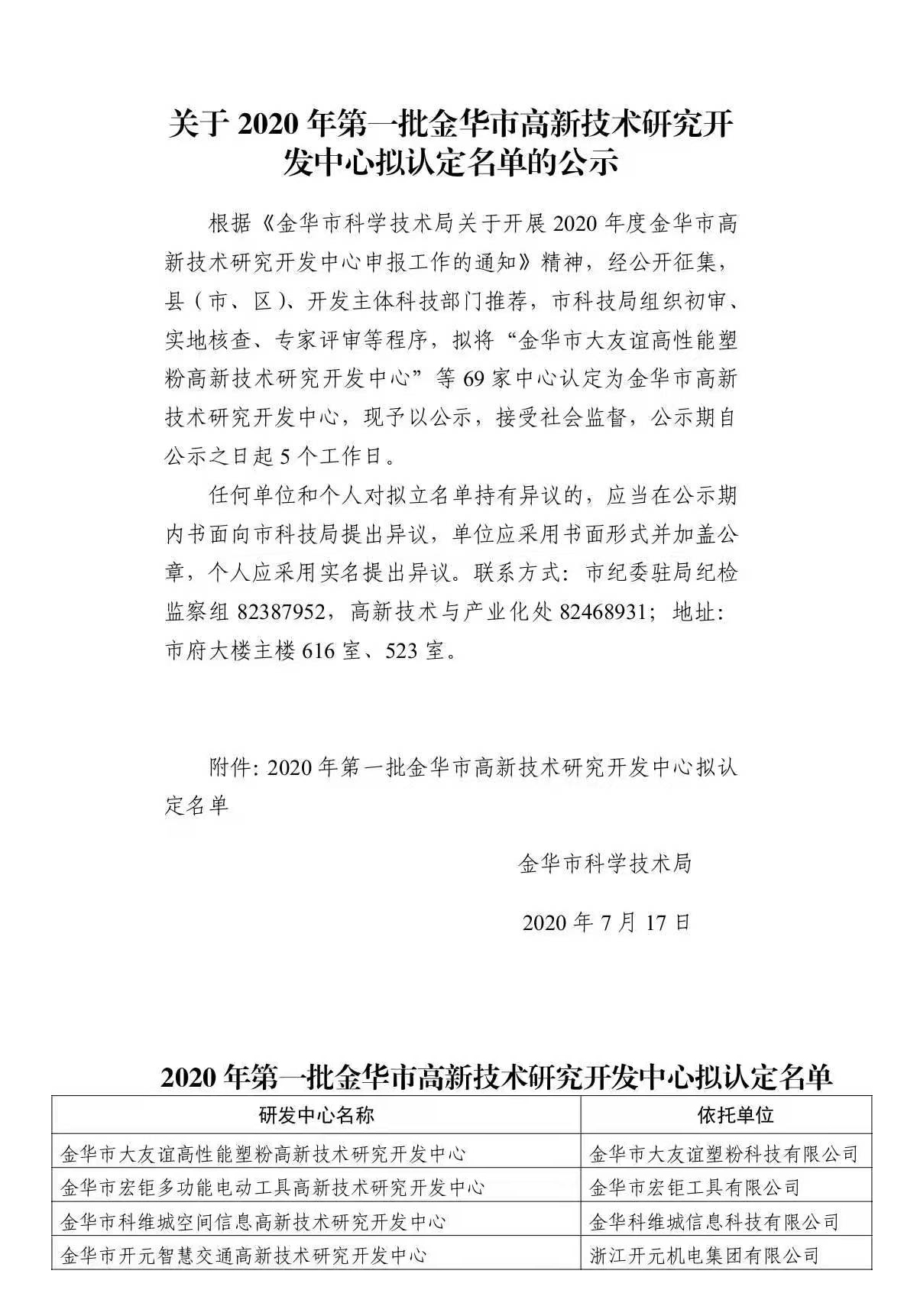 金華市高新技術(shù)研究開發(fā)中心擬認定名單公示